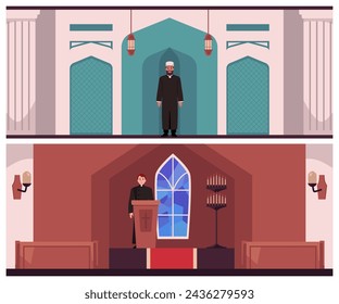 Islamic and Christianity religion vector illustrations set. Priest or Pastor standing at tribune with cross rood in church. Muslim man standing in the mosque. Traditional Arabian and Orthodox culture