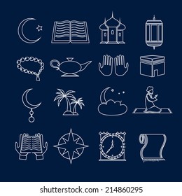 Islamic church muslim arabic holy religious traditional symbols outline icons set isolated vector illustration