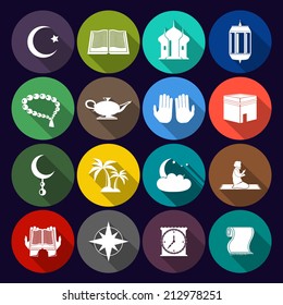 Islamic church muslim arabic spiritual traditional symbols flat icons set isolated vector illustration