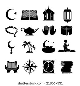 Islamic church muslim spiritual traditional symbols black icons set isolated vector illustration