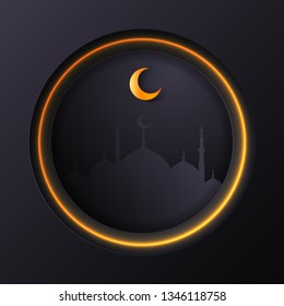 Islamic circle for ramadan kareem vector greeting banner background with art paper cut style, shiny moon and mosque scenery. Creative design card, poster. Traditional Islamic holiday