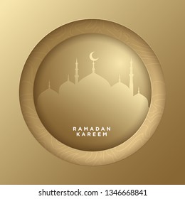 Islamic circle for ramadan kareem vector greeting banner background with art paper cut style, shiny moon and mosque scenery. Creative design card, poster. Traditional Islamic holiday