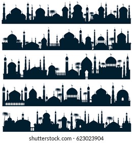 Islamic City Skylines With Mosque And Minaret Vector Silhouettes Arabic Architecture