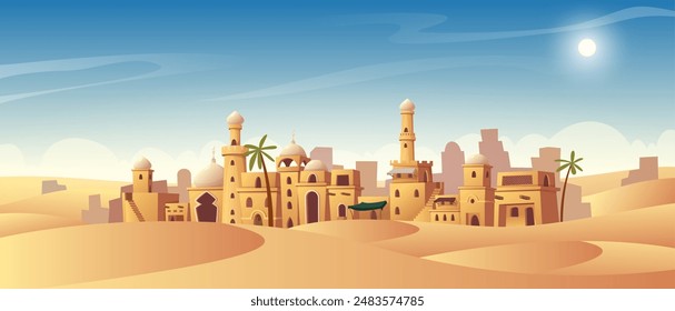 Islamic city. Urban landscape with traditional islamic buildings exact vector cartoon background with architectural objects columns arches and towers