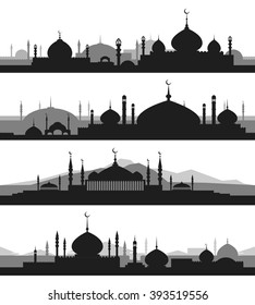 Islamic cityscape with mosque and minaret silhouettes. Horizontal patterns. Vector illustration