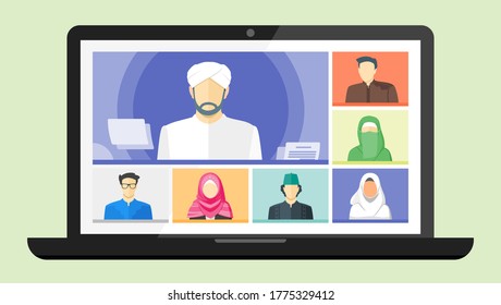 Islamic College Education or Study Online Virtual Meetings by Scholar or Professor. Arab Middle East Muslim Teleconference TV Video Conference School Webinars or Remote Working Web Cloud Service