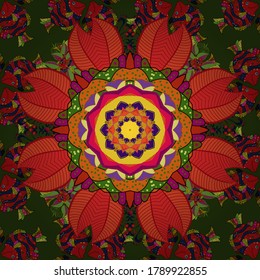 Ornamento redondo de mandala de color islámico en colores naranja, rojo y verde. Se puede usar para folletos de invitaciones, con motivos persas. Diseño de textura musulmana de la arquitectura del vector.