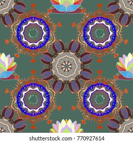 Islamic colored mandala round ornament on green, blue and orange colors. Vector architectural muslim texture design. Can be used for brochures invitations, persian motif.