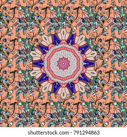 Islamic colored mandala round ornament on orange, black and blue colors. Vector architectural muslim texture design. Can be used for brochures invitations, persian motif.