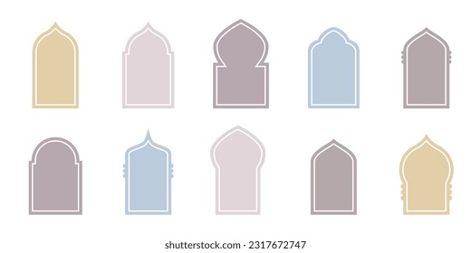 Islamic colored shapes of door arches and frames. Set of oriental style arabic doors and windows. Arabian shape arch. Design element for islamic design, label, banner. Ramadan kareem. Editable vector