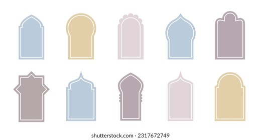 Islamic colored shapes of door arches and frames. Arabian shape arch. Set of oriental style arabic doors and windows. Design element for islamic design, label, banner. Ramadan kareem. Editable vector