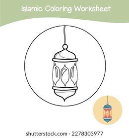 Hoja de cálculo de color islámico. Libro de colorear objetos de religión islámica. Conjunto vectorial de elementos islámicos sobre fondo blanco. Ilustraciones vectoriales