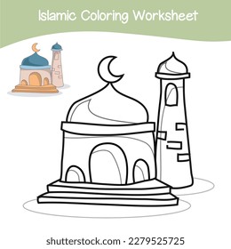 Islamic coloring worksheet. Islamic religion items coloring book. Vector set of Islamic items on white background. Vector illustrations