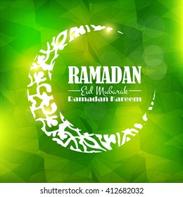 Islamic Colors Low Poly and Blurred Background and Crescent Moon, Stylish Text of Ramadan Kareem - Arabic "Eid Mubarak", "be Blessed" and "God" at English