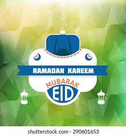 Islamic Colors Polygonal Blurred Background, Ramadan Kareem Design - Arabic "Eid Mubarak", "be Blessed" at English