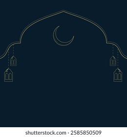 islamic concept banner with gold frame, arab window on dark background with copy space. Hanging golden