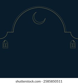 islamic concept banner with gold frame, arab window on dark background with copy space. Hanging golden
