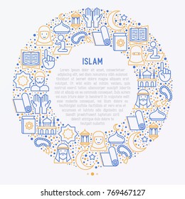 Islamic concept in circle with thin line icons: mosque, carpet, rosary, prayer, koran, moslem. Modern vector illustration, template for web page.