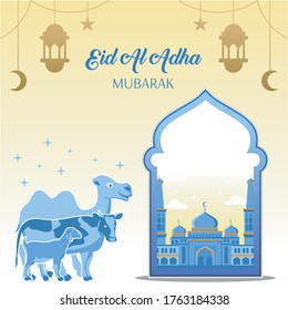 Islamisches Konzept für fröhliche eid-al-adha oder opferte Feier mit Kamelziege und Kuh, islamisches Konzept der sozialen Medien, ramadanisches Kareem, islamischer Hintergrund