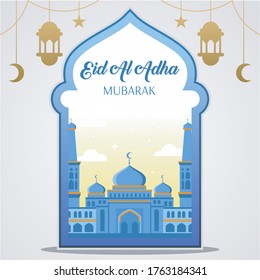 Islamic concept for happy eid al adha or sacrifice celebration event  with camel goat and cow, social media islamic concept, ramadan kareem, islamic background