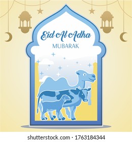 Concepto islámico para el feliz eid al adha o evento de celebración del sacrificio con cabra de camello y vaca, concepto islámico de medios sociales, ramadan kareem, fondo islámico