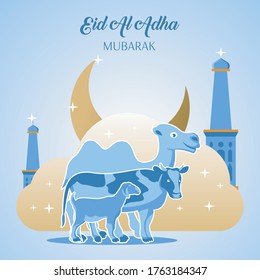 Islamic concept for happy eid al adha or sacrifice celebration event  with camel goat and cow, social media islamic concept, ramadan kareem, islamic background