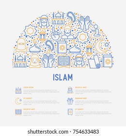 Islamic concept with thin line icons: mosque, carpet, rosary, prayer, koran, moslem. Modern vector illustration, template for web page.