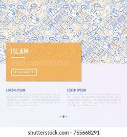 Islamic concept with thin line icons: mosque, carpet, rosary, prayer, koran, moslem. Modern vector illustration, template for web page.
