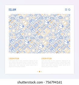 Islamic concept with thin line icons: mosque, carpet, rosary, prayer, koran, moslem. Modern vector illustration, template for web page.