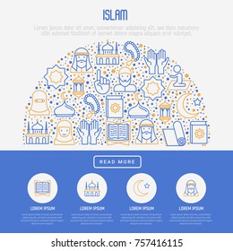 Islamic concept with thin line icons: mosque, carpet, rosary, prayer, koran, moslem. Modern vector illustration, template for web page.