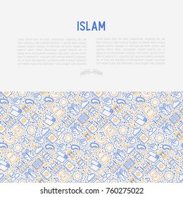 Islamic concept with thin line icons: mosque, carpet, rosary, prayer, koran, moslem. Modern vector illustration, template for web page.