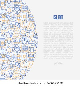 Islamic concept with thin line icons: mosque, carpet, rosary, prayer, koran, moslem. Modern vector illustration, template for web page.