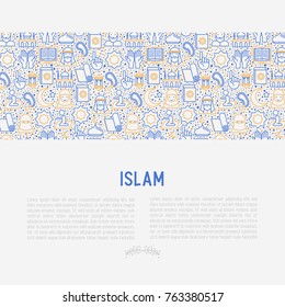 Islamic concept with thin line icons: mosque, carpet, rosary, prayer, koran, moslem. Modern vector illustration, template for web page.