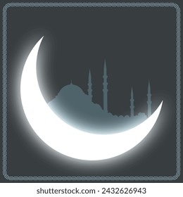 Islamic concept vector. Crescent moon and silhouette of a mosque. Ramadan or laylat al-qadr or kadir gecesi or eid mubarak concept.