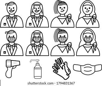 Islamic Coronavirus Business Service Employee, Airline Staff ,hotel Staff Front Reception Mask Alcohol Gel Glove Infrared Forehead Thermometer Icon Cartoon Covid19