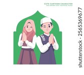 islamic couple greeting cute cartoon character