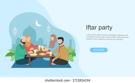 Islamic couple Iftar eating After Fasting. Family dinner on Ramadan Kareem or celebrating Eid mubarak. Islamic  illustration, landing page or hero image templates, banners