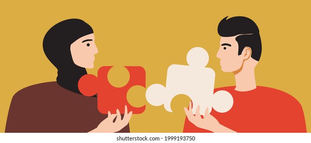 Islamic couple with a puzzle, harmony of relations. Flat vector stock illustration. Matching the puzzle. An Islamic man, a woman in a burqa suit each other. Tradition and religion