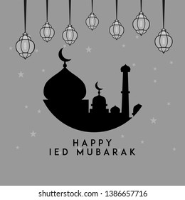 Islamic creative vector design for Eid Mubarak. Greeting card template with arabic pattern and calligraphy. Translation of text : Eid Mubarak - Blessed festival. Beautiful ornamental ramadan wishes.