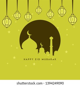 Islamic creative vector design for Eid Mubarak. Greeting card template with arabic pattern and calligraphy. Translation of text : Eid Mubarak - Blessed festival. Beautiful ornamental ramadan wishes.