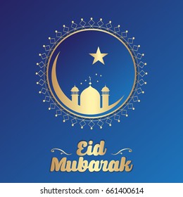 Islamic creative vector design for Eid Mubarak. Greeting card template with arabic pattern and calligraphy. Translation of text : Eid Mubarak - Blessed festival. Beautiful ornamental ramadan wishes. 