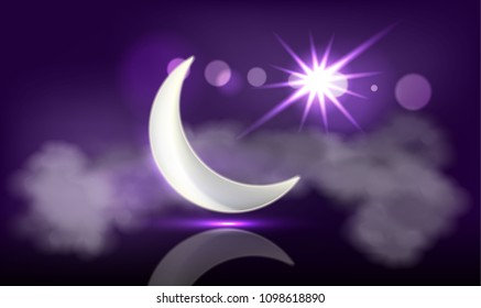 Islamic Crescent in clouds and stars, eid mubarak. vector illustration