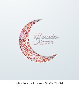 Islamic crescent moon with brilliant crystals and girih traditional arabic pattern. Vector muslim religion illustration. Ramadan Kareem. Islamic holiday poster design