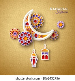 Islamic crescent moon with hanging traditional lanterns on ornamental gold background. Vector illustration.