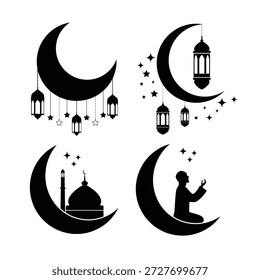Conjunto de silueta de linterna y luna creciente islámica