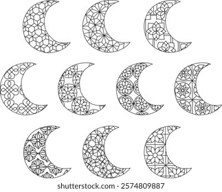 Islamic crescent moon line art with decorated pattern collection