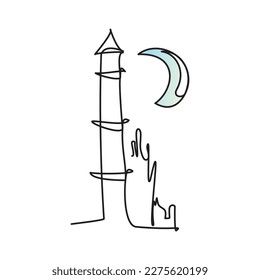 Islamic Crescent Moon and Minaret icon. Ramadan Kareem theme continuous line drawing on white background. Simple line art of Eid Mubarak greeting card, poster and banner design. Vector illustration.