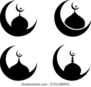 Lua crescente islâmica e desenhos de mesquita em um estilo simples preto e branco
