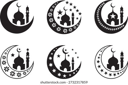 Islamic crescent moon and mosque designs in a variety of symmetrical arrangements