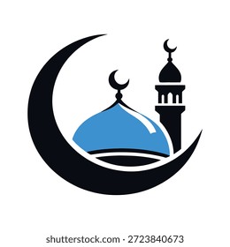 Luna creciente islámica con la cúpula de la mezquita y el logotipo del minarete Ilustración vectorial